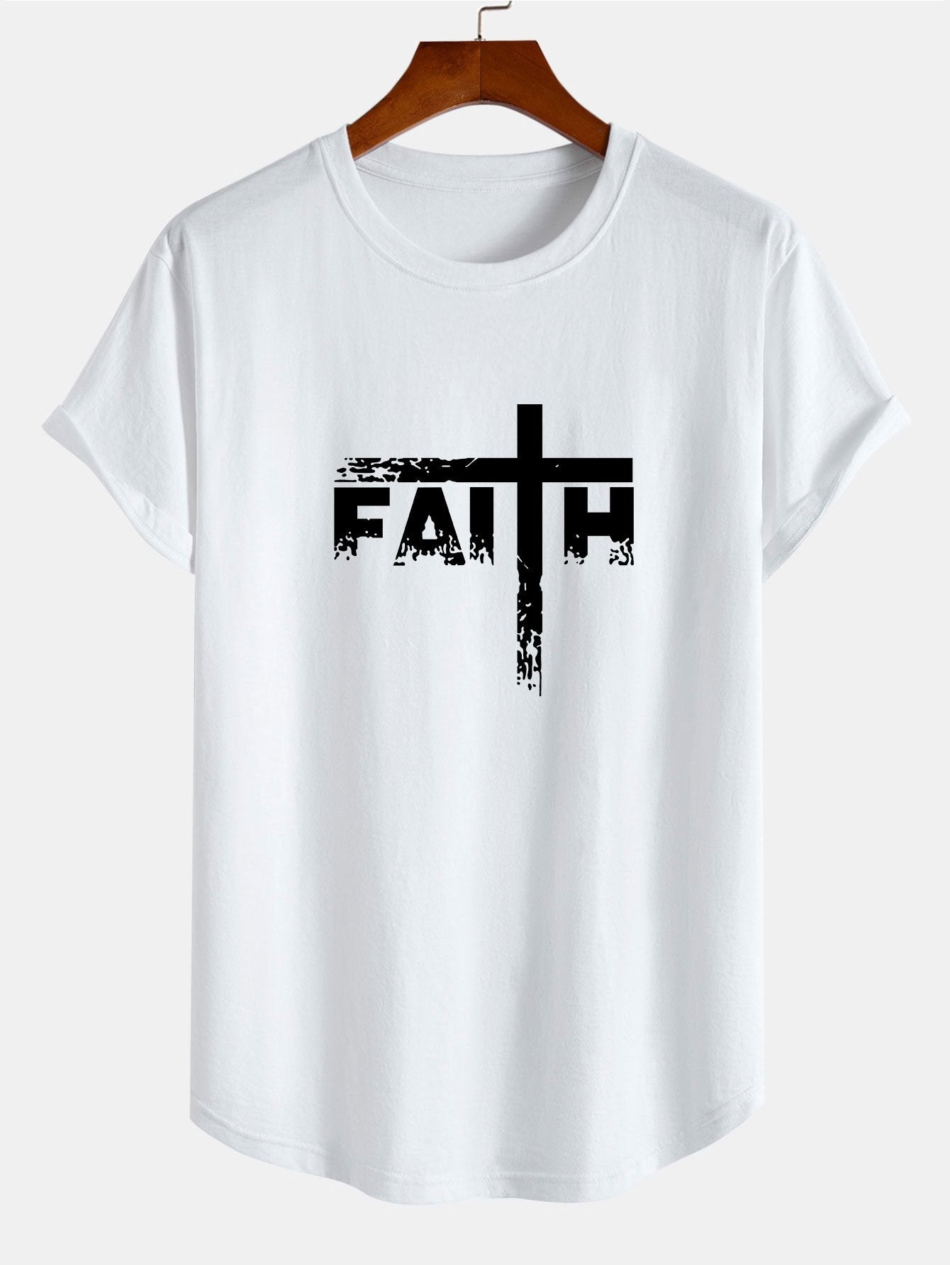 Faith Cross Print Cotton Arc Hem T-Shirt