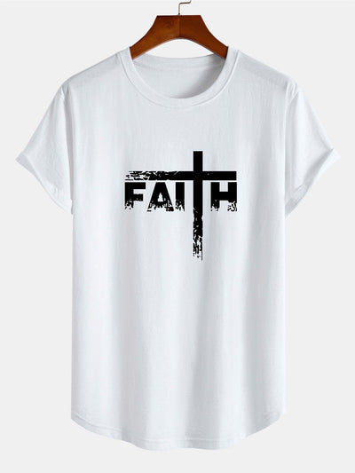 Faith Cross Print Cotton Arc Hem T-Shirt
