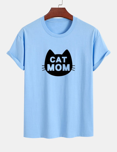 Regular Fit Cat Mom Print Cotton T-Shirt