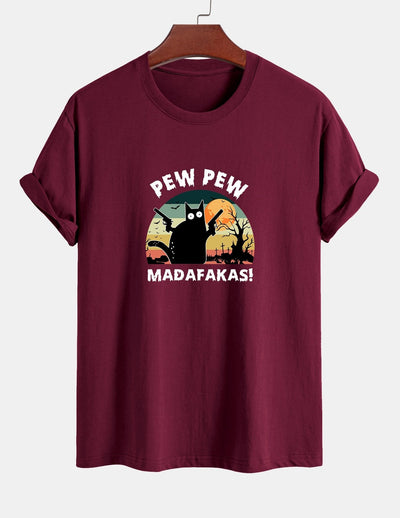 Regular Fit PEW PEW MADAFAKAS Black Cat Print Cotton T-Shirt