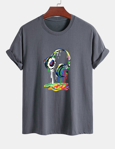 Regular Fit Dissolving Headphones Print Cotton T-Shirt