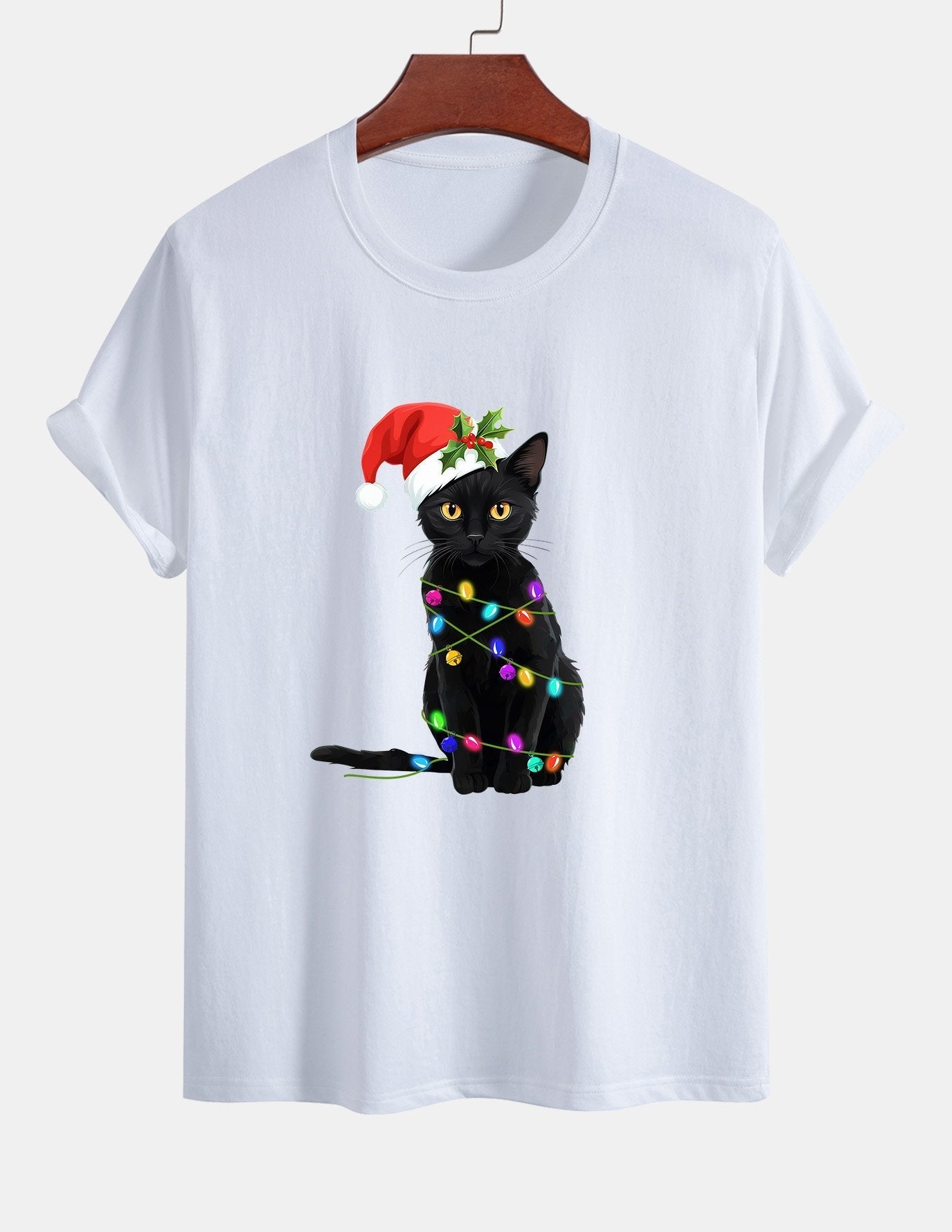 Regular Fit Christmas Lights Cat Print Cotton T-Shirt