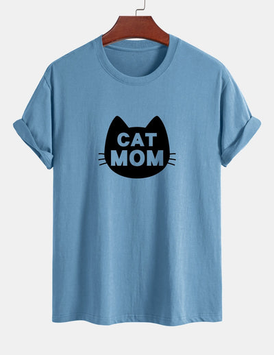 Regular Fit Cat Mom Print Cotton T-Shirt