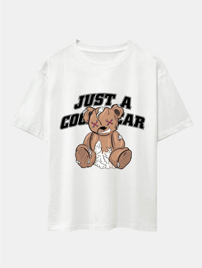 Tattered Bear Print Drop Shoulder Oversize T-Shirt