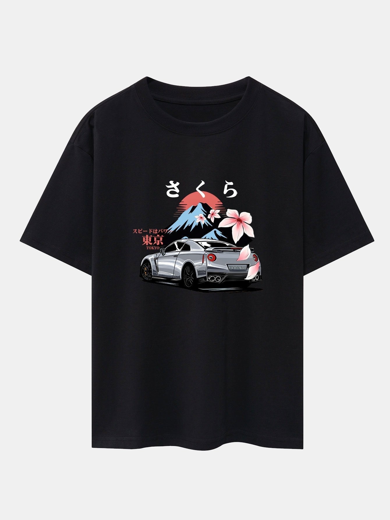 Tokyo Cherry Blossoms Car Print Drop Shoulder Oversize T-Shirt