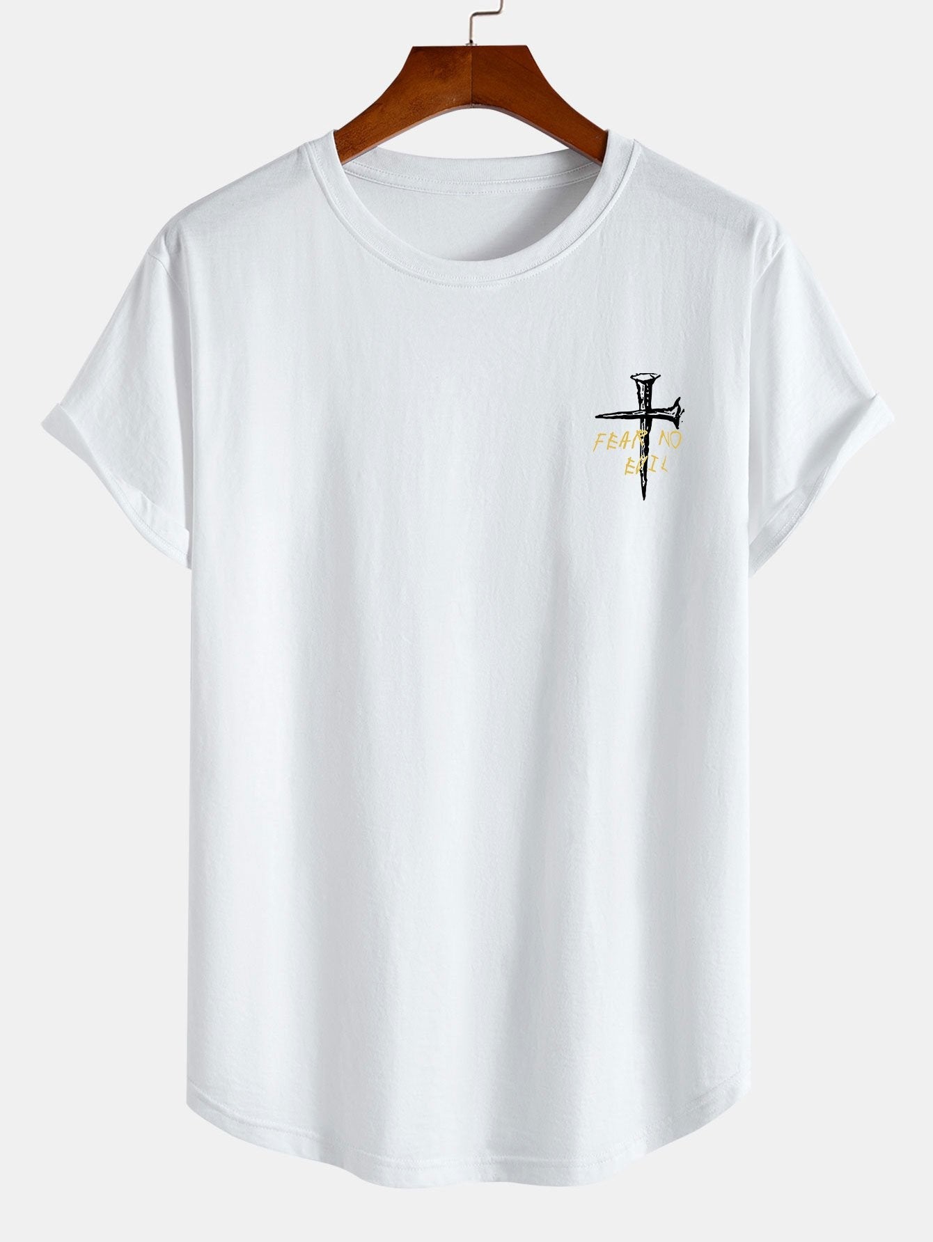 Cross Slogan Print Cotton Arc Hem T-Shirt