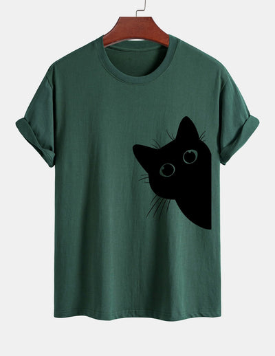 Regular Fit Black Cat Looking Out Print Cotton T-Shirt