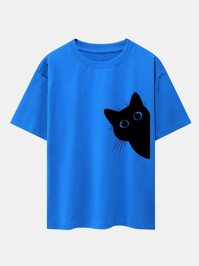Black Cat Print Drop Shoulder Oversize T-Shirt