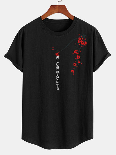 Slogan Floral Print Cotton Arc Hem T-Shirt