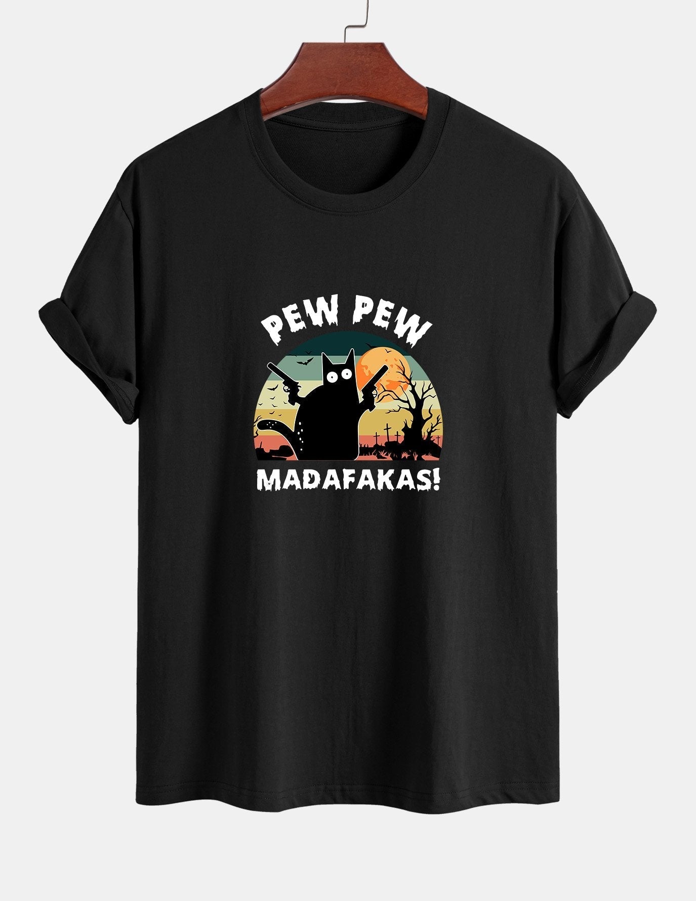 Regular Fit PEW PEW MADAFAKAS Black Cat Print Cotton T-Shirt