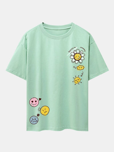 Sun And Flowers Print Drop Shoulder Oversize T-Shirt