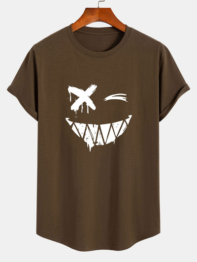 Smiley Face Print Cotton Arc Hem T-Shirt