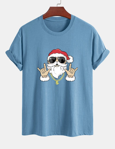Regular Fit Hip Hop Santa Print Cotton T-Shirt