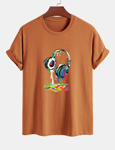 Regular Fit Dissolving Headphones Print Cotton T-Shirt
