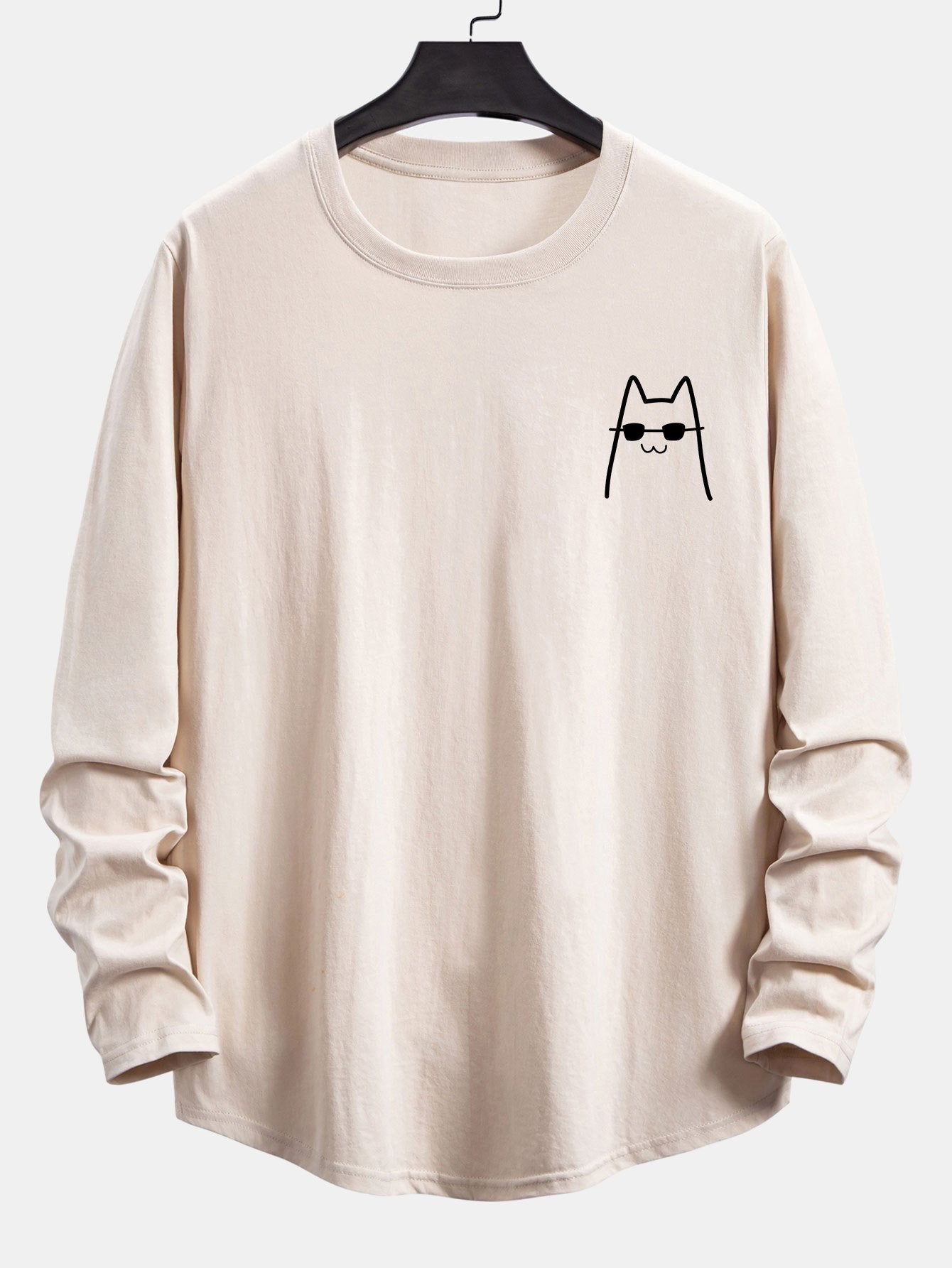 Long Sleeve Cat With Sunglasses Print Cotton Arc Hem T-Shirt