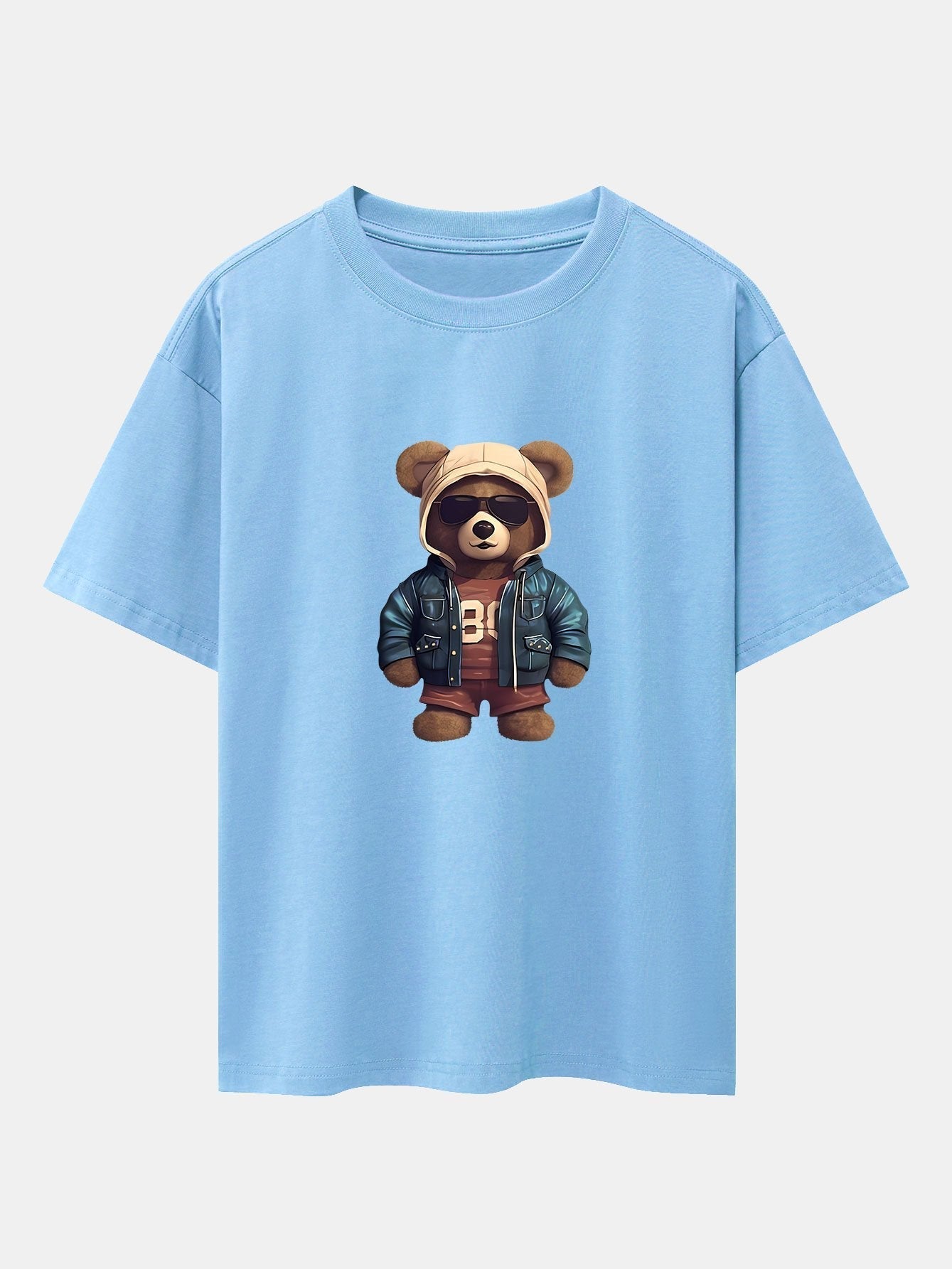 Bear In Leather Jacket Print Drop Shoulder Oversize T-Shirt