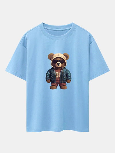 Bear In Leather Jacket Print Drop Shoulder Oversize T-Shirt