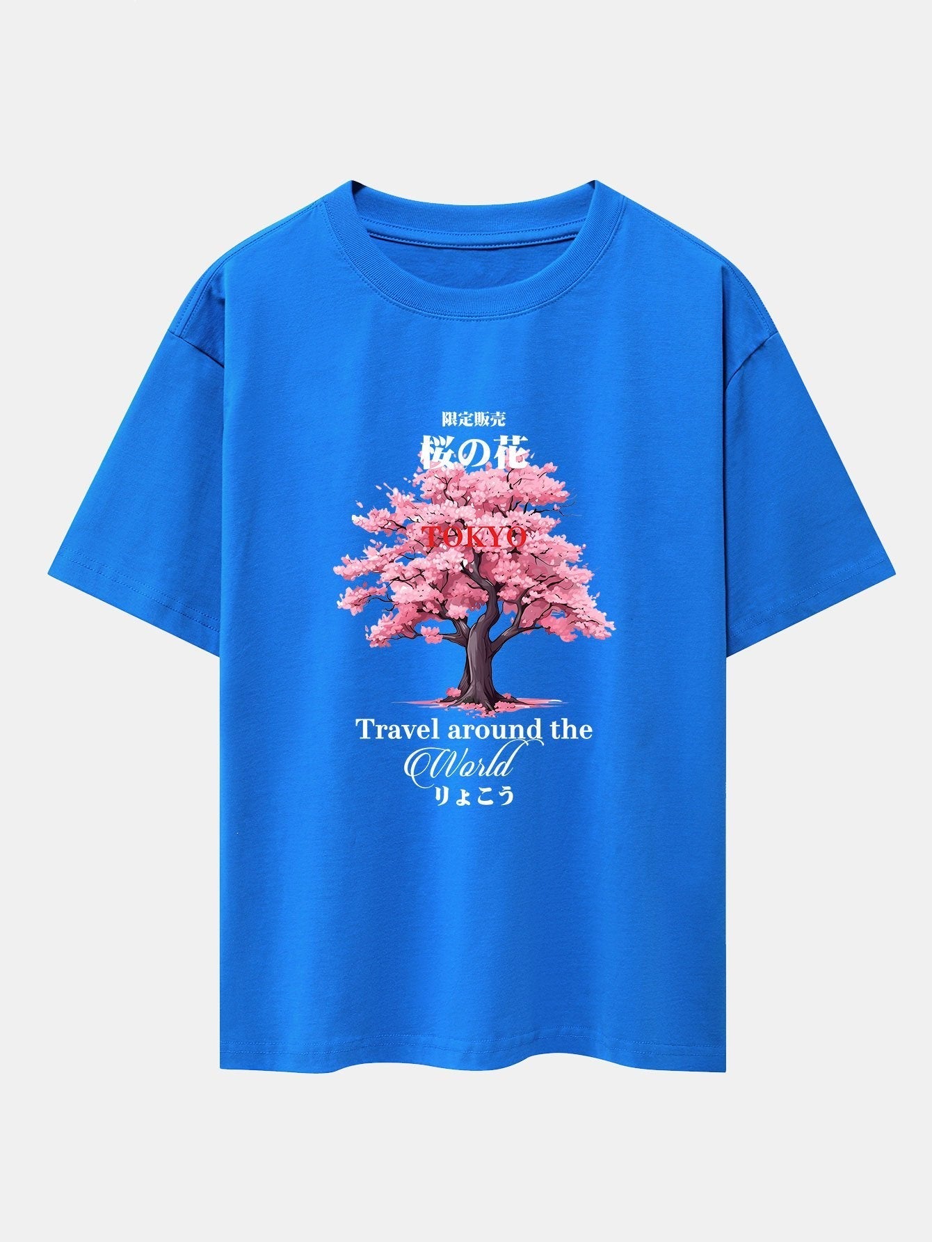 Tokyo Cherry Blossoms Print Drop Shoulder Oversize T-Shirt