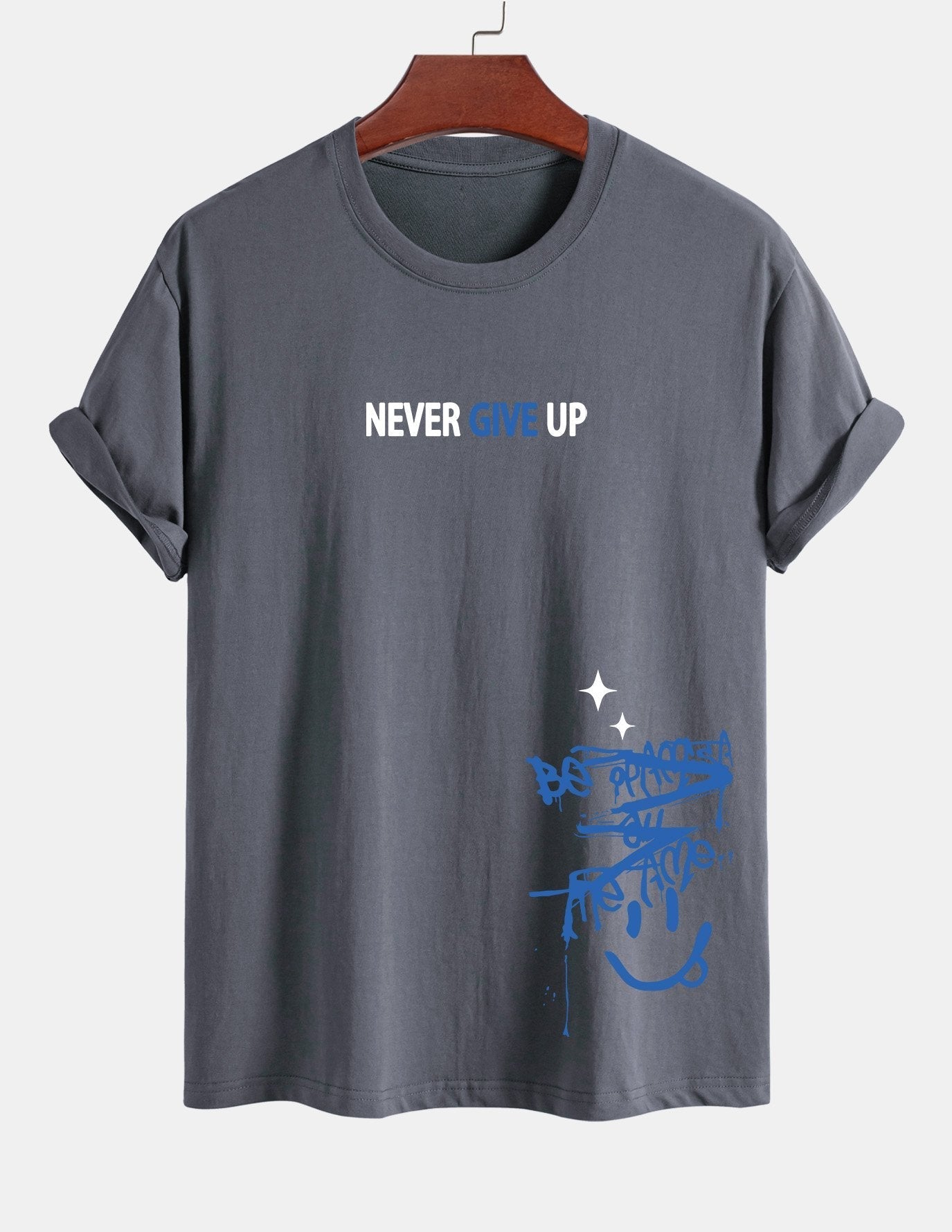 Regular Fit Never Give Up Smiley Face Print Cotton T-Shirt