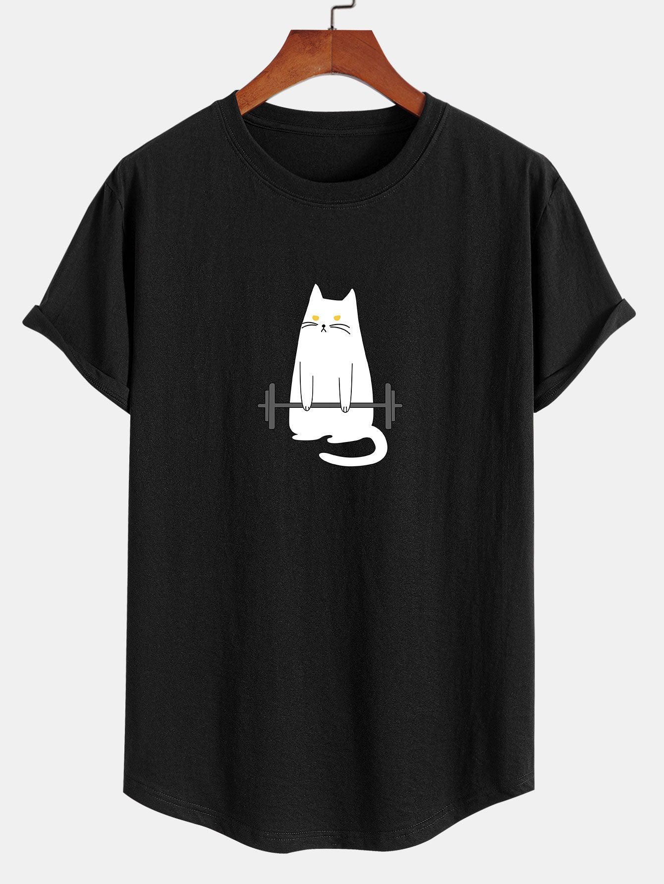 Cat Weightlifting Print Cotton Arc Hem T-Shirt