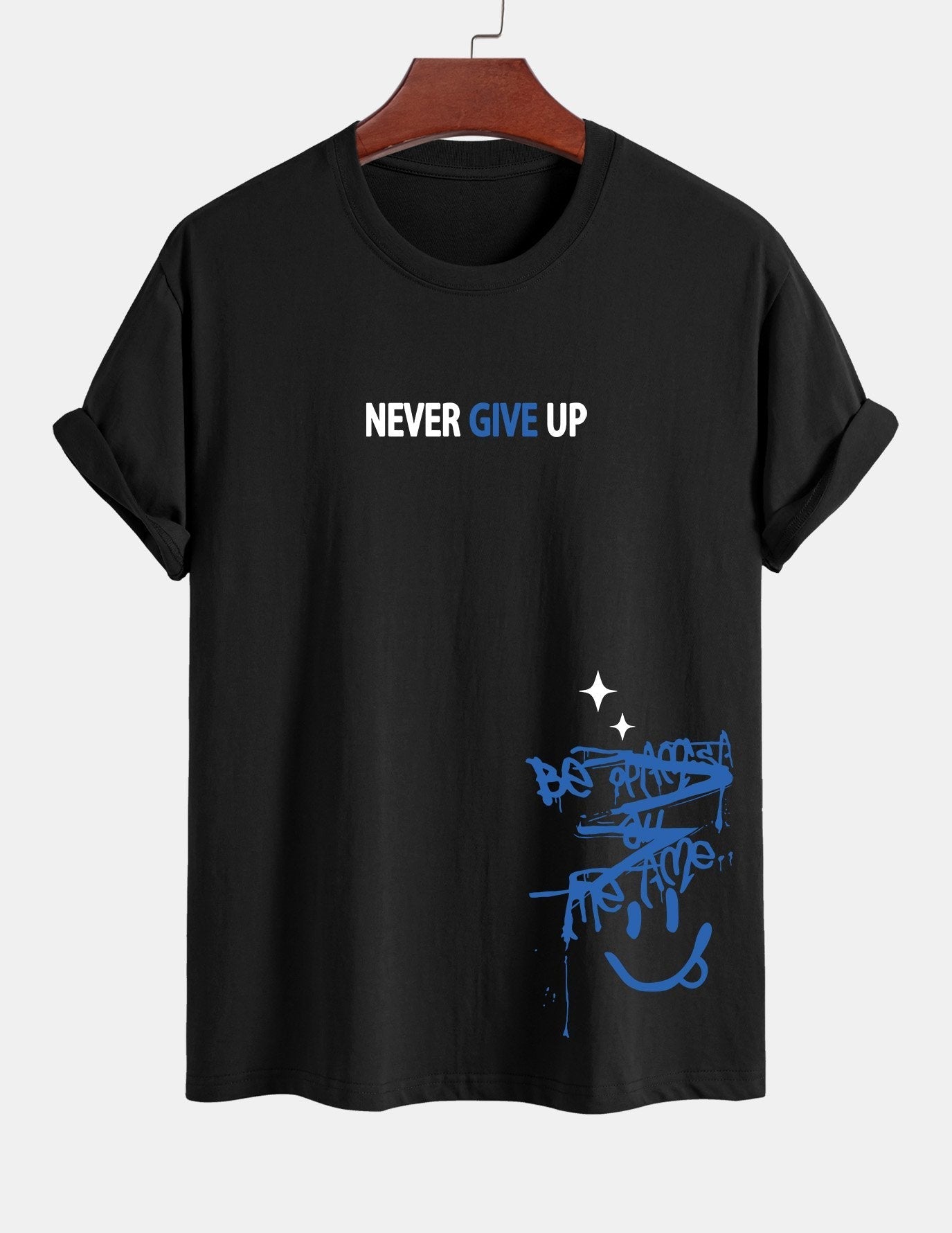 Regular Fit Never Give Up Smiley Face Print Cotton T-Shirt