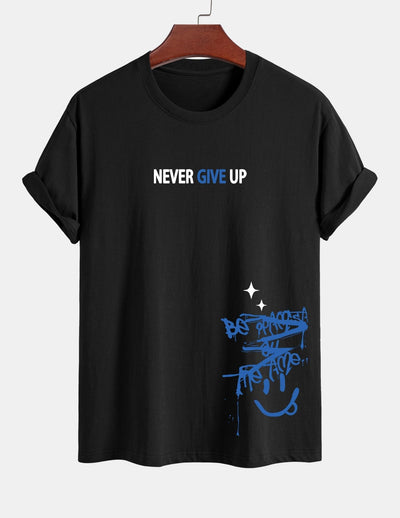 Regular Fit Never Give Up Smiley Face Print Cotton T-Shirt