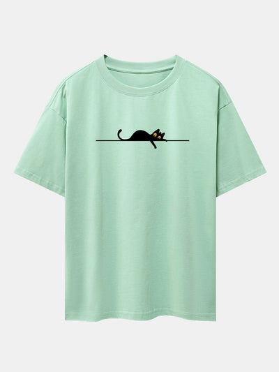 Black Cat Print Drop Shoulder Oversize T-Shirt