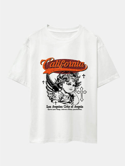 California Angel Print Drop Shoulder Oversize T-Shirt