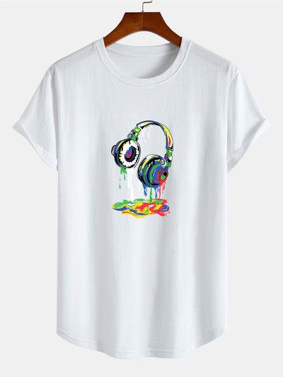 Headphones Graffiti Print Cotton Arc Hem T-Shirt