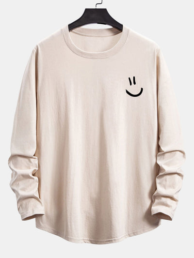 Long Sleeve Smiley Face Print Cotton Arc Hem T-Shirt