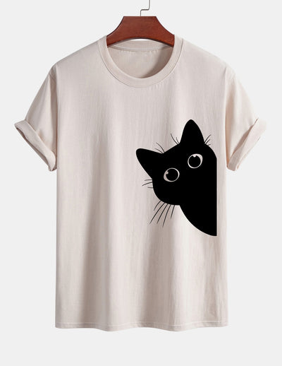 Regular Fit Black Cat Looking Out Print Cotton T-Shirt