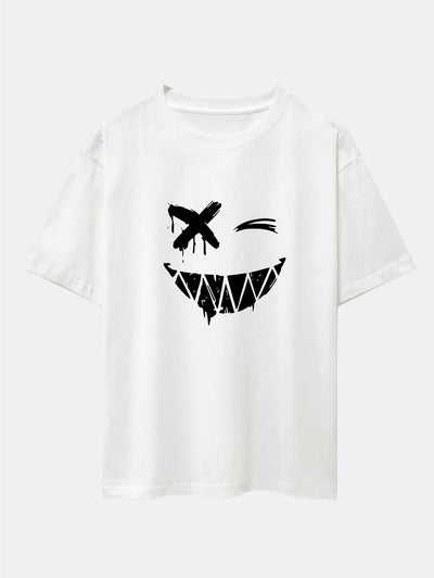 Dissolved Smiley Face Print Drop Shoulder Oversize T-Shirt