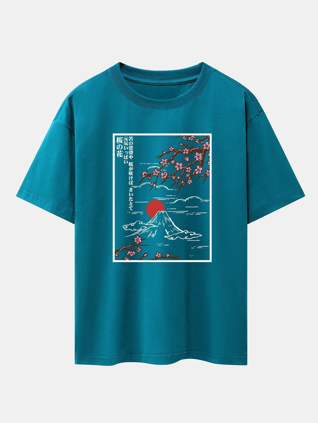 Cherry Blossoms Mountain Print Drop Shoulder Oversize T-Shirt