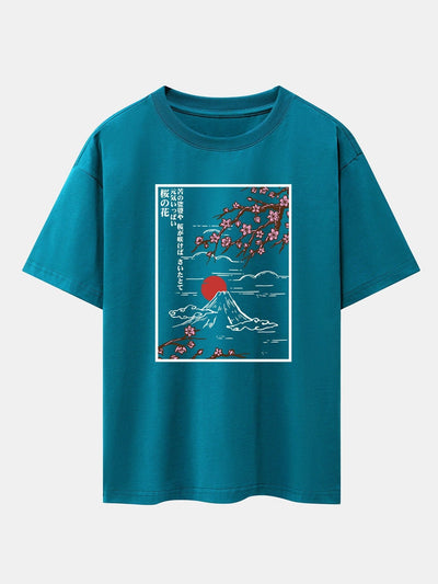 Cherry Blossoms Mountain Print Drop Shoulder Oversize T-Shirt