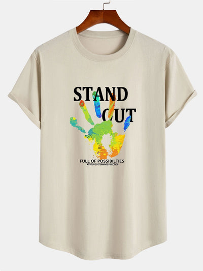 Handprint Slogan Print Cotton Arc Hem T-Shirt
