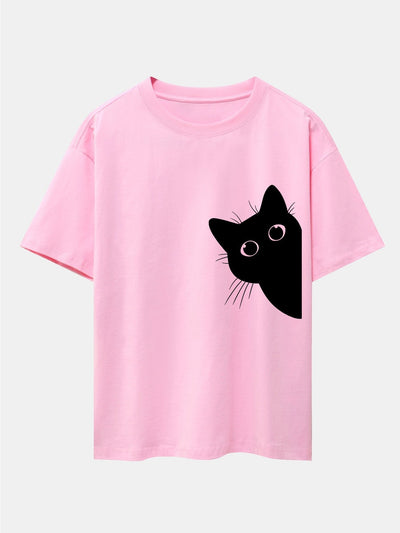 Black Cat Print Drop Shoulder Oversize T-Shirt