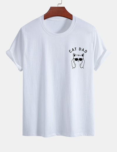 Regular Fit Cat Dad Wearing Glasses Print Cotton T-Shirt