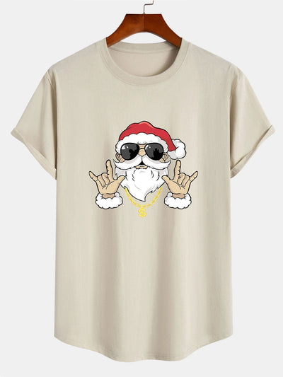 Hip Hop Santa Print Cotton Arc Hem T-Shirt