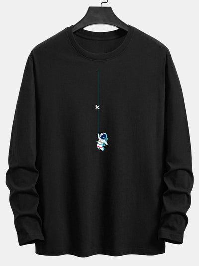 Long Sleeve Astronaut On A Rope Print Cotton T-Shirt