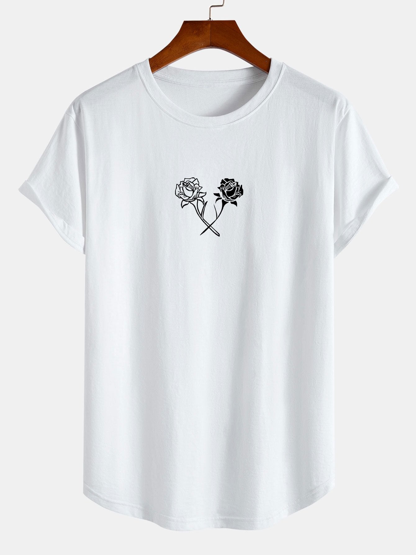 Two Roses Print Cotton Arc Hem T-Shirt