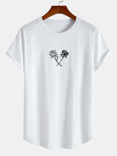 Two Roses Print Cotton Arc Hem T-Shirt