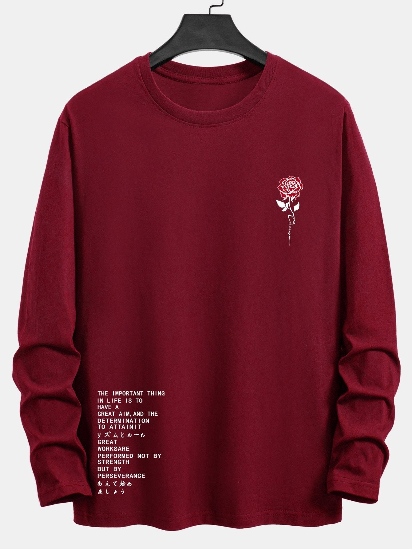 Long Sleeve Slogon Rose Print Cotton T-Shirt