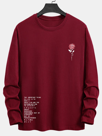 Long Sleeve Slogon Rose Print Cotton T-Shirt