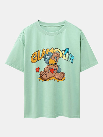 Patched Bear Print Drop Shoulder Oversize T-Shirt