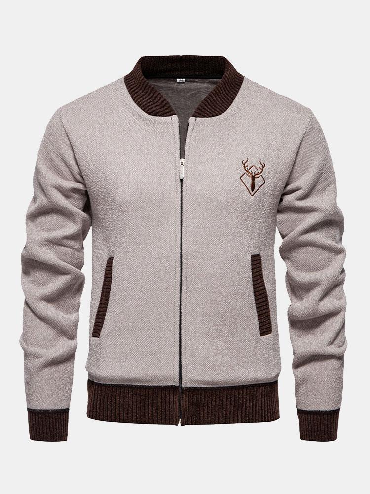 Elk Embroidered Contrast Baseball Collar Sweater