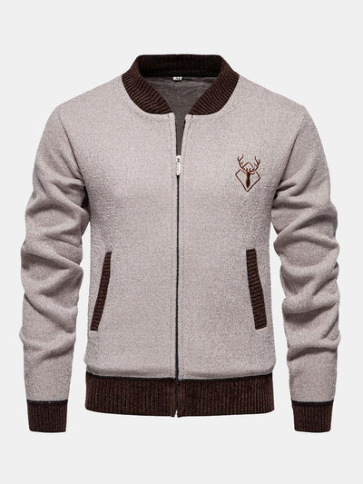 Elk Embroidered Contrast Baseball Collar Sweater