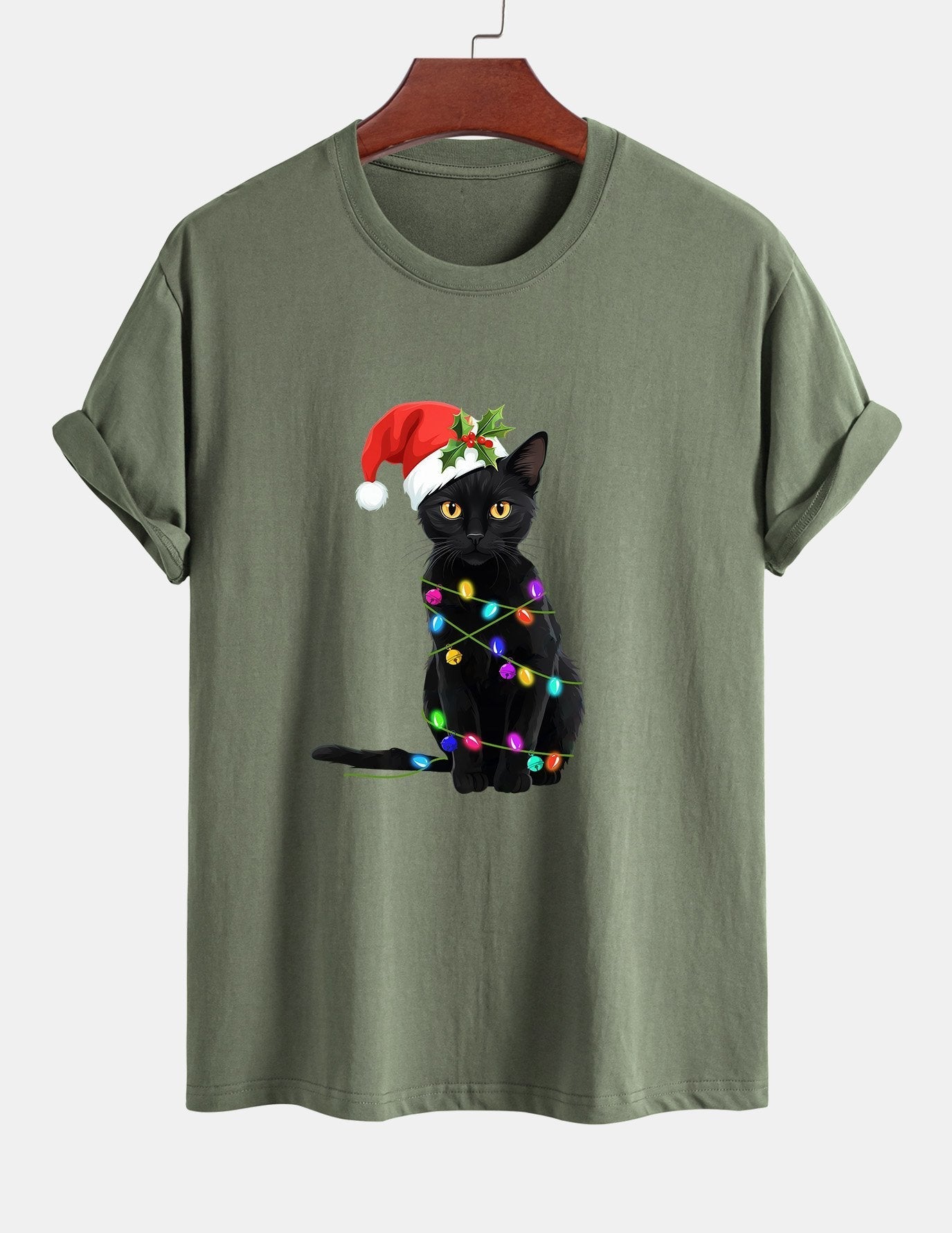 Regular Fit Christmas Lights Cat Print Cotton T-Shirt