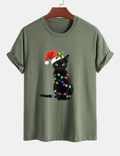 Regular Fit Christmas Lights Cat Print Cotton T-Shirt