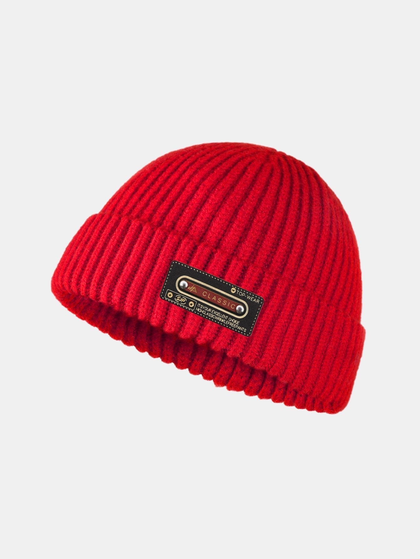 Solid Color Slogan Patch Knit Beanie Hat