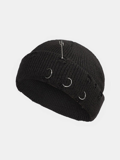 Street Hip-hop With Perforated Iron Ring Pin Knit Hat